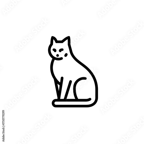 Simple black and white line drawing of a sitting cat with a curved back and attentive expression.
