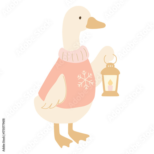 Cute goose wearing sweater holding christmas lantern