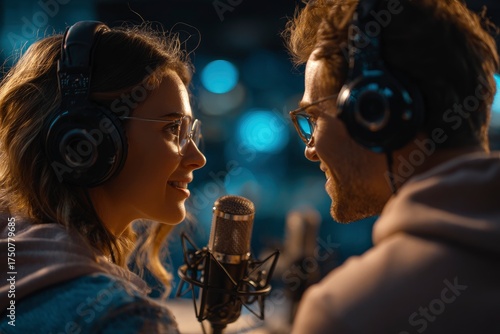 Two people in headphones face each other across a microphone in a studio