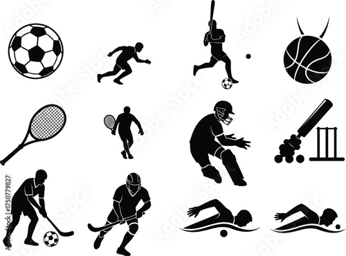 Silhouette vector of sports activities including soccer, cricket, tennis, basketball, hockey, swimming, running, baseball with equipment and athlete poses