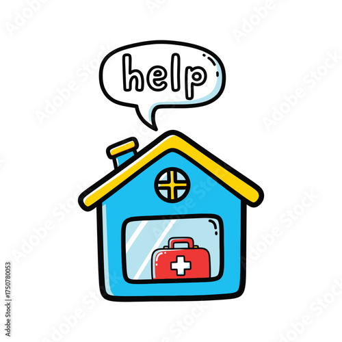Cartoon illustration of a blue house with a yellow roof, a first aid kit inside, and a speech bubble saying help