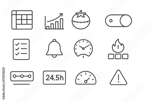 Working time efficiency overwork hours vector icon management toggle graph meter icons