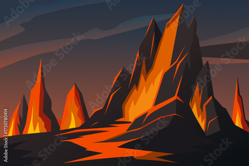 Volcanic landscape vector illustration jagged cliffs glowing lava flow