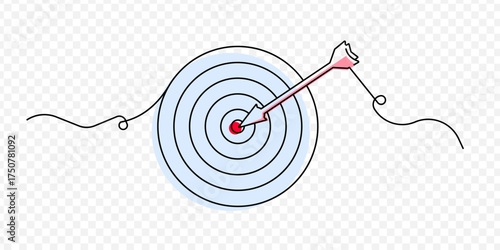 Single line target. Line art style. Continuous one line drawing target with red arrow