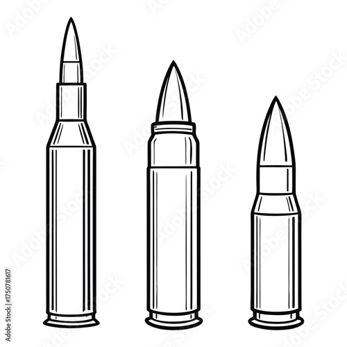 Rifle and Handgun Bullet Cartridge Illustration Vector Outline Drawing