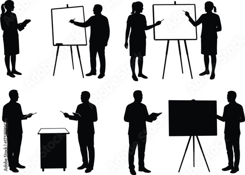 Silhouette vector set of teachers, presenters, and speakers pointing at boards, reading papers, giving lectures, and explaining educational content