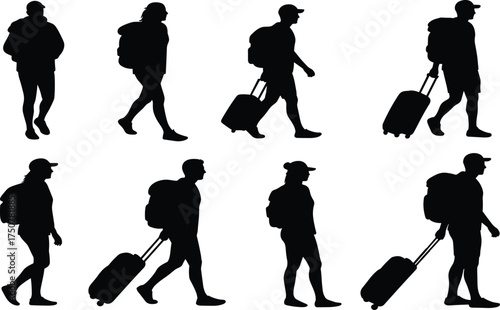 Silhouette vector set of travelers walking with backpacks and suitcases, showing motion, journey, commute, tourism, lifestyle, and exploration themes