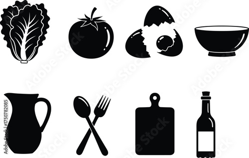 Silhouette vector set of vegetables, eggs, bowl, pitcher, spoon, fork, chopping board and bottle for cooking and kitchen illustration