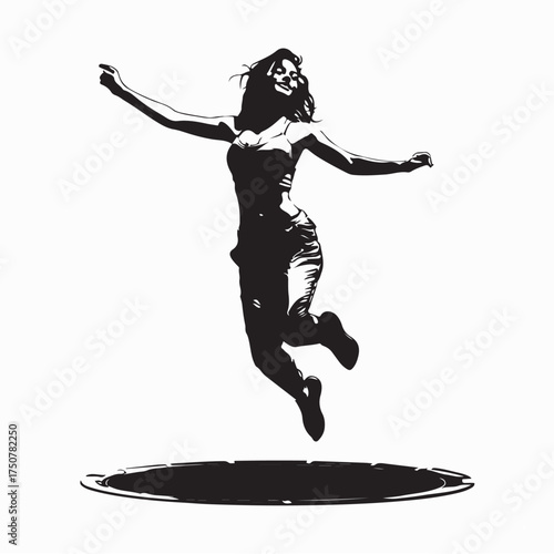 Happy Female Bouncing High on Trampoline Silhouette Vector on white background