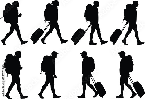 Silhouette vector set of walking travelers with backpacks and suitcases, showing motion, journey, commute, travel lifestyle, adventure, and exploration themes