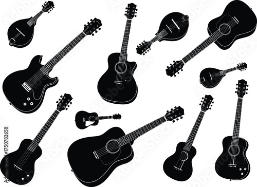 Silhouettes of Acoustic, Electric Guitars and Mandolins – Vector Set of Stringed Musical Instruments for Music Design and Education