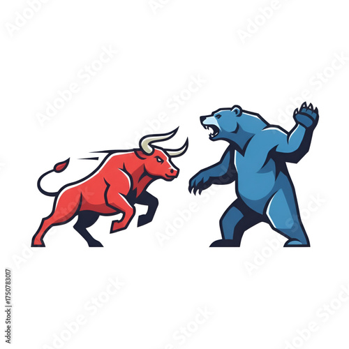 Red bull versus blue bear illustration, powerfully symbolizing the dynamic bullish and bearish forces driving financial markets, investment trends, and economic cycles
