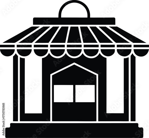 Market stall silhouette, shop facade icon with awning. Retail building symbol, small business illustration, storefront graphic for commerce and trade design