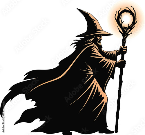 Wizard silhouette with glowing staff illustration of a fantasy character isolated on white background