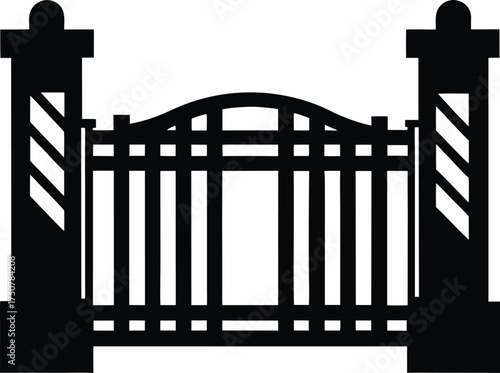 Black Silhouette Illustration Ornate Forged Iron Fence Gate with Pillars Closed on Transparent Background