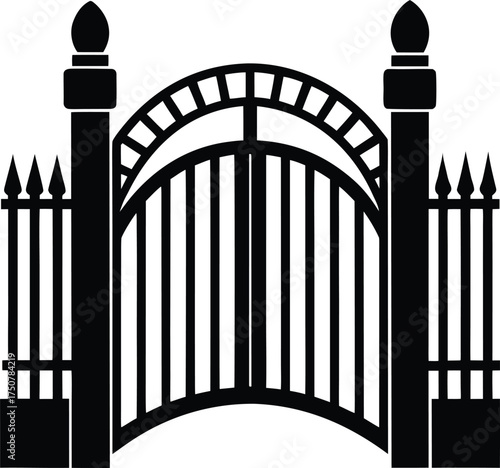 Black Silhouette Illustration Arch Forged Iron Gate with Spiked Fence Panels and Pillars on Transparent Background