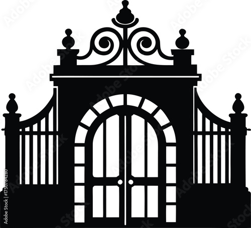Elaborate Wrought Iron Gate Silhouette Decorative Arch Gate Historic Building Entryway Architectural Ornamentation