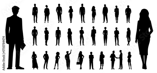 silhouettes set of standing people male and female full body front view with body gesture isolated on white background. Crowd, group of people vector illustration