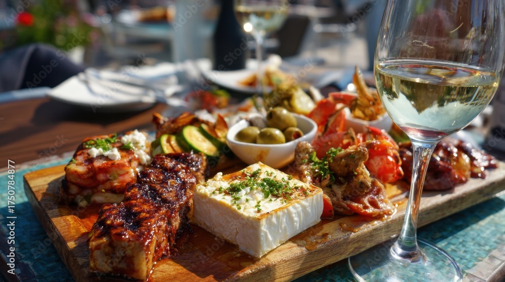 Obraz premium A vibrant spread of Mediterranean dishes is arranged on a wooden board featuring seafood grilled meats olives and cheese. A glass of white wine complements the meal on a sunny day.