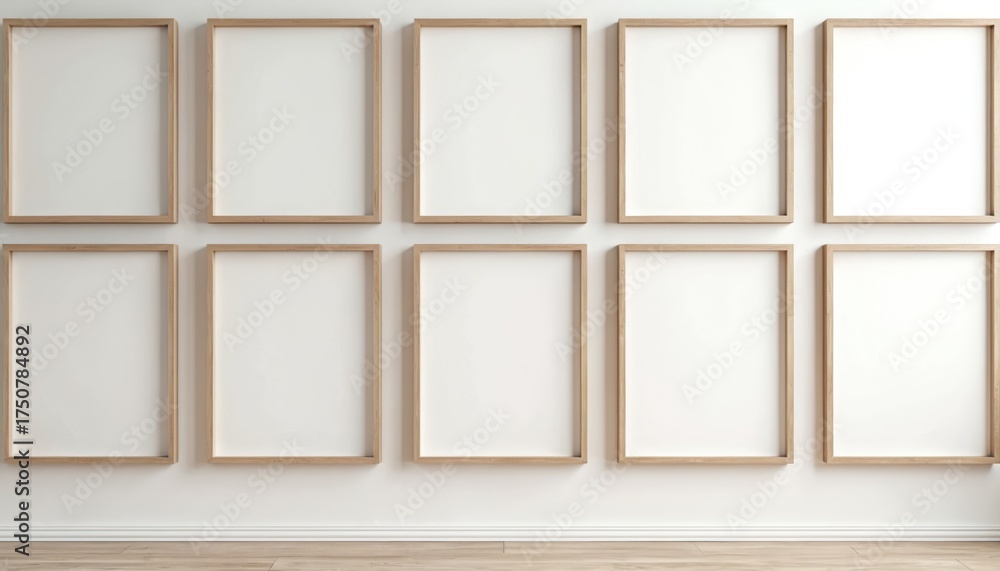 Fototapeta premium Ten empty wooden picture frames hang on a white wall in two rows. Minimalist interior design with blank frames for photos or artwork. Light wood floor and clean white wall provide a simple background.