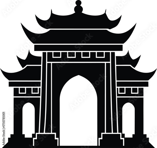 Traditional Chinese gate silhouette vector oriental archway architecture design temple entrance structure icon black graphic