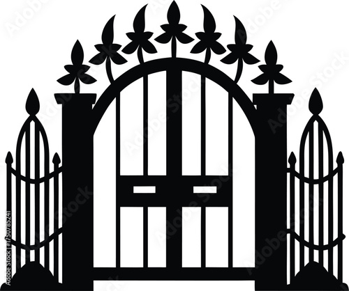 Ornate Wrought Iron Gate Silhouette Decorative Fence Design Classic Archway Entry Point Victorian Style Vector Graphic