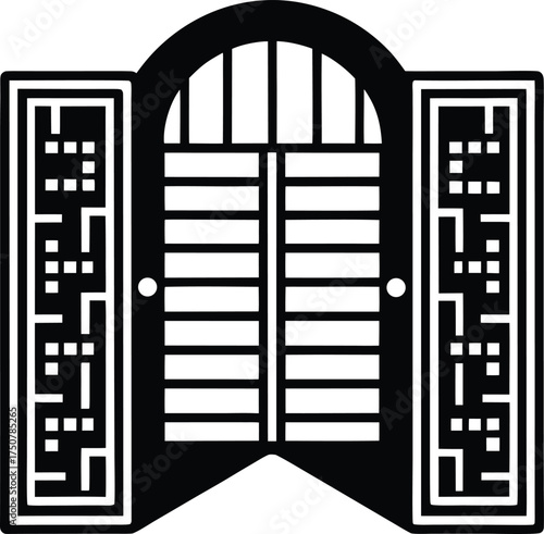 Traditional Gate Silhouette with Paneled Doors and Decorative Side Panels Ancient Building Entrance Design Vector