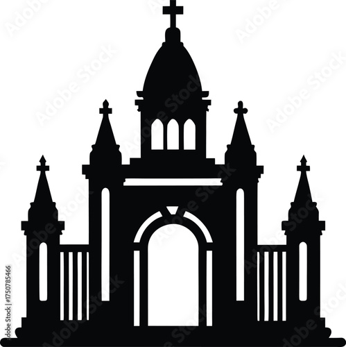 Black silhouette of grand cathedral or church building with multiple spires, domes, arched windows, and entrance on transparent background