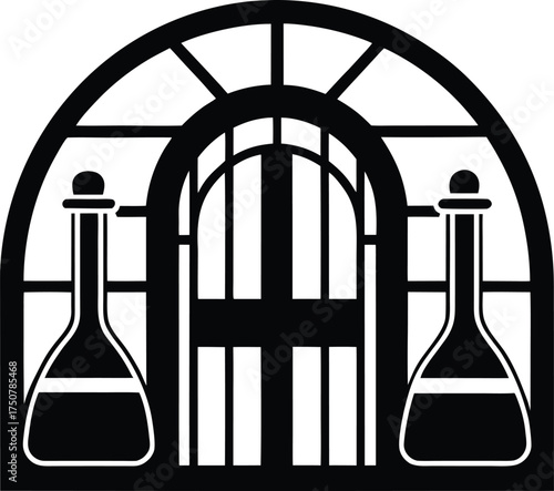 Black silhouette of a greenhouse or solarium entrance with large arched window, double doors, and two laboratory flasks on transparent background