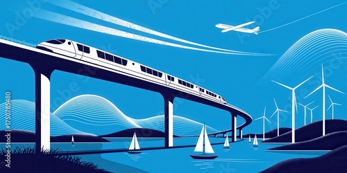 Modern travel concept showcasing sustainable transportation with high speed train, airplane, sailboats, and wind turbines in a bright blue environment