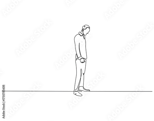 Continuous line drawing of sad businessman. Single line illustration of businessman depressed. Work trouble concept. Editable outline