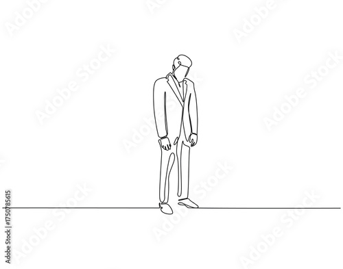 Continuous line drawing of sad businessman. Single line illustration of businessman depressed. Work trouble concept. Editable outline
