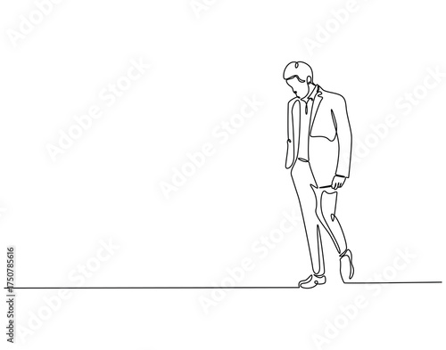 Continuous line drawing of sad businessman. Single line illustration of businessman depressed. Work trouble concept. Editable outline
