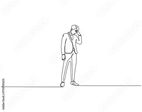 Continuous line drawing of sad businessman. Single line illustration of businessman depressed. Work trouble concept. Editable outline
