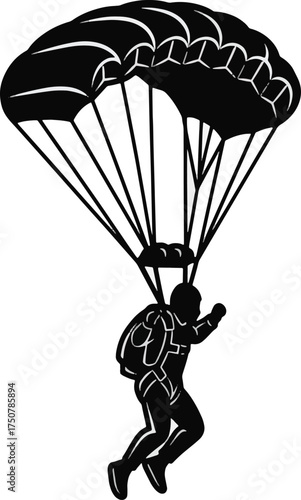 Skydiver silhouette with parachute illustration of extreme sport isolated on white background