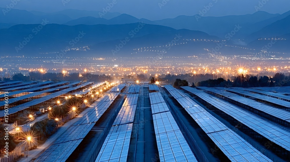 Fototapeta premium Solar panel farm rows spanning across a hillside, generating sustainable electricity for the brightly lit distant city under a dark blue twilight sky with mountains in the background