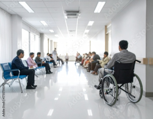 Blurred image of a hospital waiting area with many people