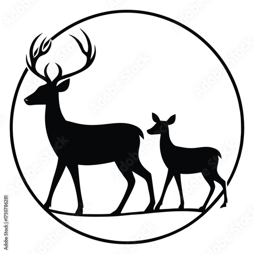 A black silhouette of a reindeer family