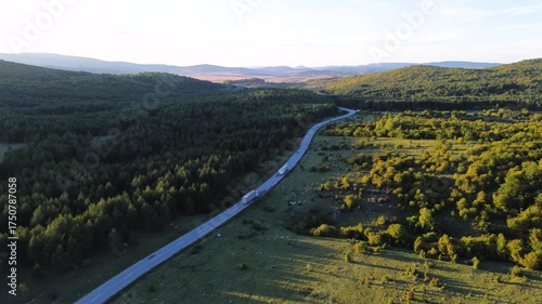 Aerial view of trucks driving on country road through forest and meadow