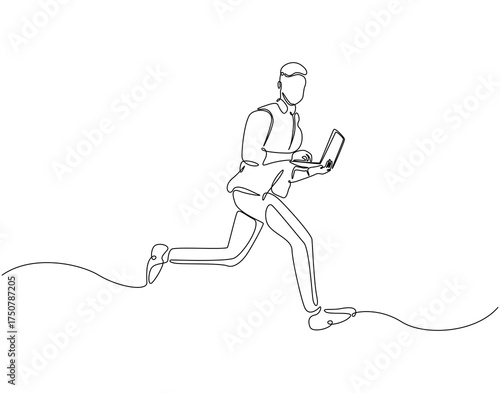 Continuous line drawing of walking man holding laptop. Single line illustration of man standing while holding laptop. Mobile working concept. Editable outline