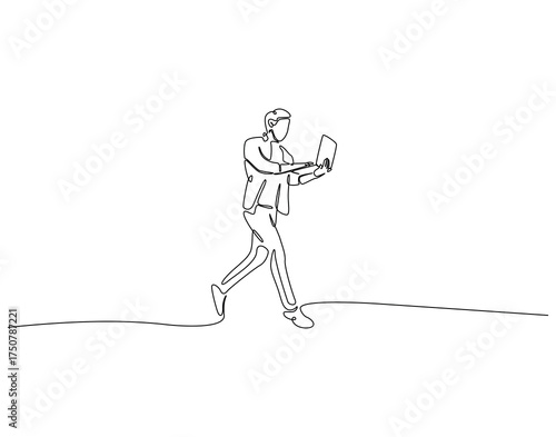 Continuous line drawing of walking man holding laptop. Single line illustration of man standing while holding laptop. Mobile working concept. Editable outline