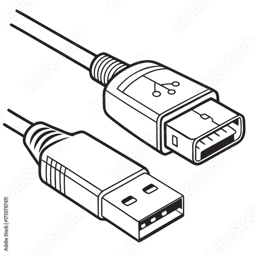 A clear black and white line art illustration of a usb a connector and a usb b connector on a white background representing data transfer and connectivity