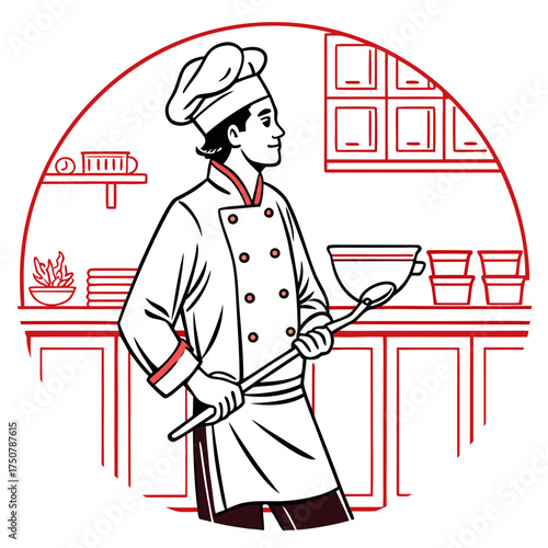 A confident male chef wearing a traditional uniform and toque stands in a stylized kitchen holding a large spoon and a mixing bowl ready to cook delicious food