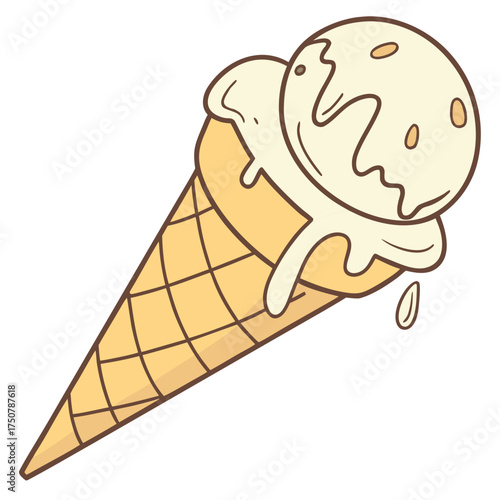 A delicious cartoon illustration of a melting vanilla ice cream cone with a few small pieces of something embedded in the scoop perfect for summer treats and desserts