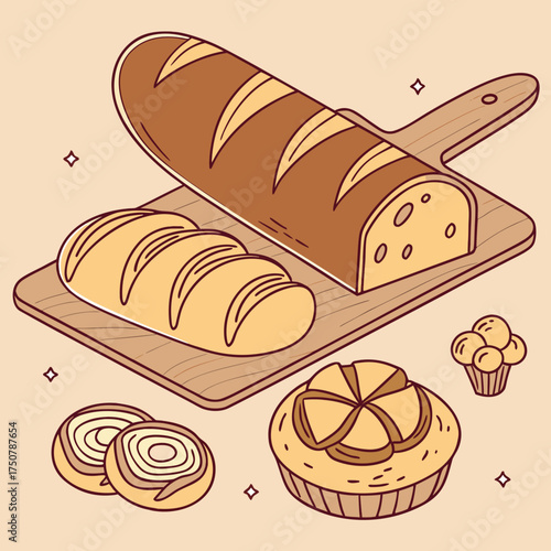 A delightful assortment of freshly baked bread and pastries presented on a wooden cutting board and a light beige background with subtle sparkling accents
