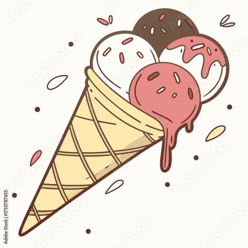 A delightful illustration of a waffle cone overflowing with three scoops of ice cream in strawberry chocolate and vanilla flavors adorned with sprinkles and a light pink drizzle