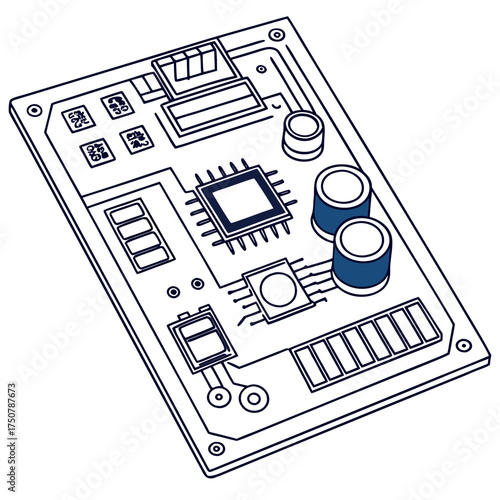 A detailed isometric illustration of a modern electronic circuit board featuring a central processor capacitors resistors and connectors against a clean white background