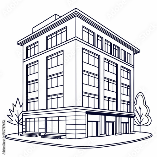 A detailed line drawing illustration of a modern multi story commercial building with large windows and trees on either side showcasing architectural design and urban landscape elements