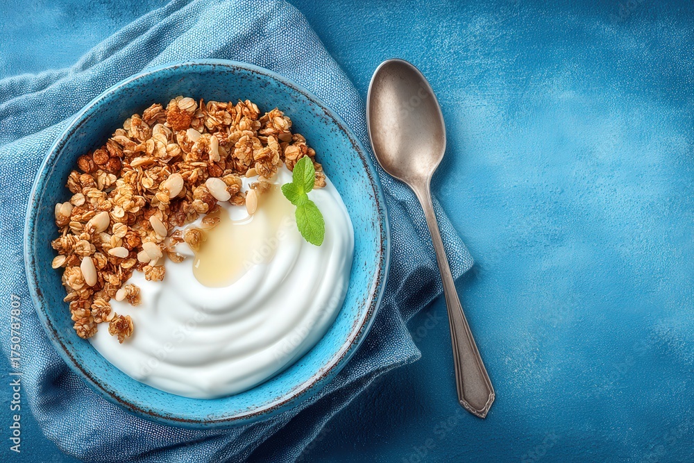 Fototapeta premium Deliciously crafted yogurt bowl with crunchy granola topped with honey and fresh mint leaves on textured blue background showcasing a rustic yet elegant breakfast composition
