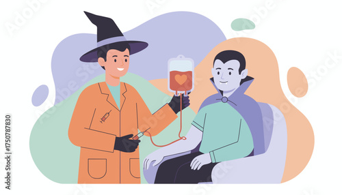 Costumed person donates blood to vampire Halloween healthcare and charity concept